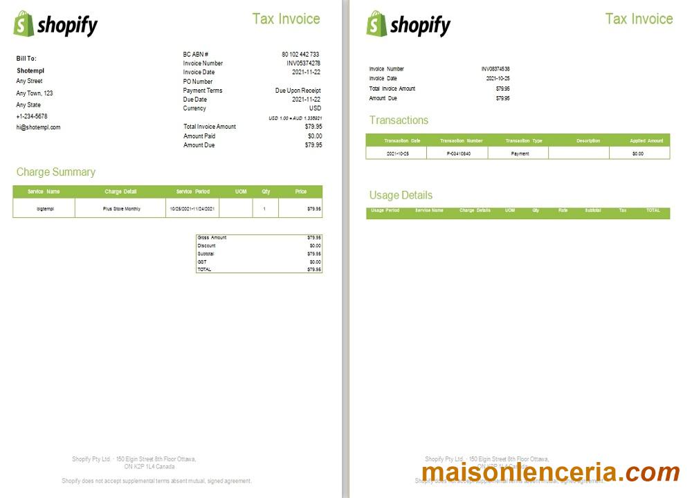Canada Shopify tax invoice word and PDF template